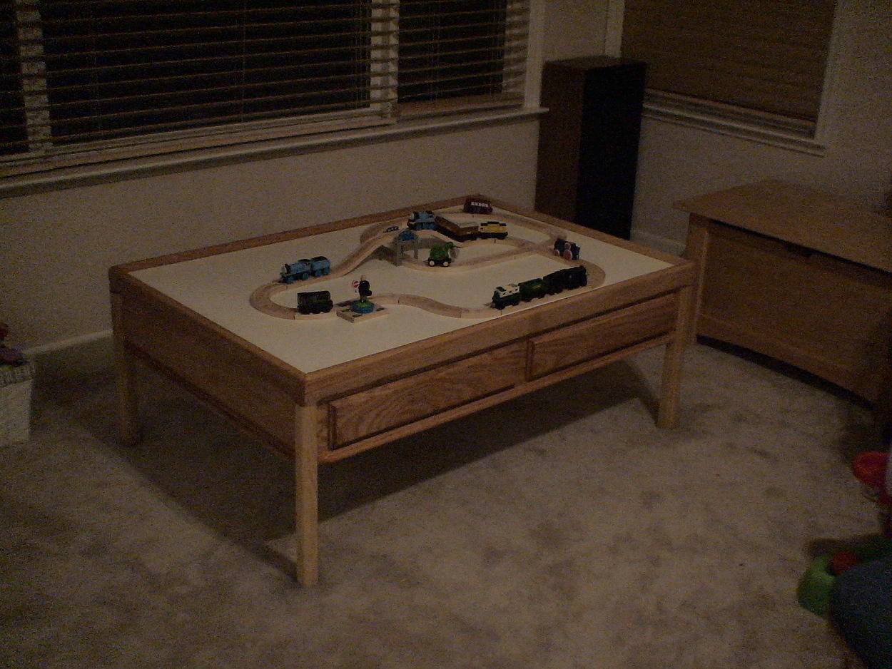 Finished train table with Thomas track on top